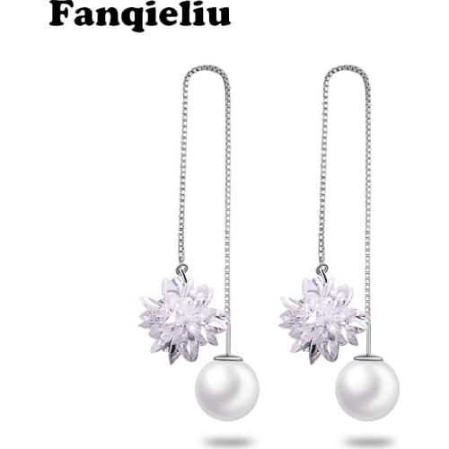 Fanqieliu Long 925 Silver Chain Pearl Drop Earrings For Women Snow Crystal Fine Jewelry Dangle Earrings Female FQL1932610