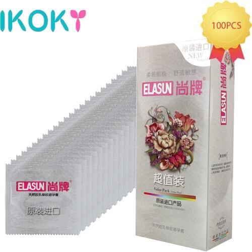 IKOKY 100 Pcs/Pack Natural Latex Ultra Thin Condoms Sex Products Contraception Device Sex Tools for Men Erotic Goods