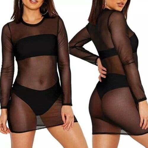 Hot Summer Women Ladies Bikini Cover-Ups Mesh Swimsuit Cover Up Swimwear Beach Bathing Suit Long Sleeve Bodycon Short Dresses