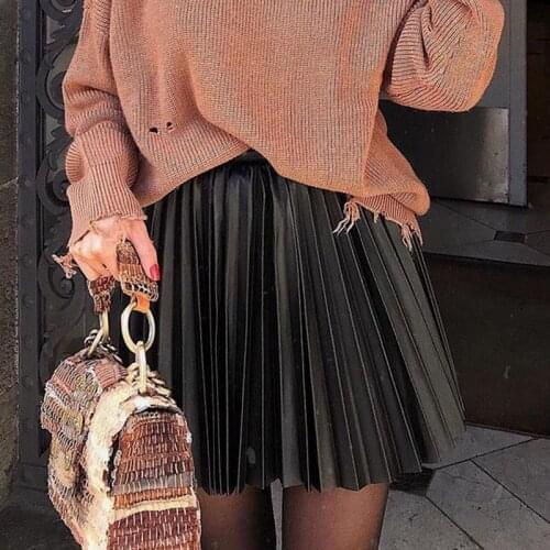 Fashion Black Autumn Winter Women Faux Short Skirt A-line High Street Sexy Mini Skirt High Waist Pleated Leather Skirt