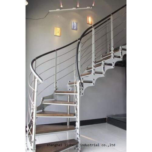 Cheap price arc curved stairs with metal railing and thick wood stair tread