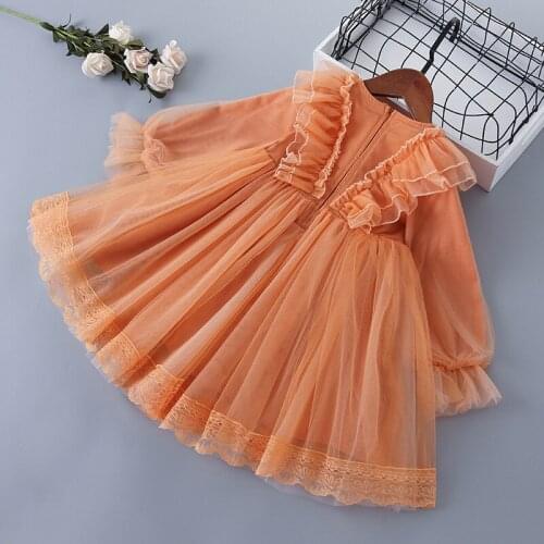 2021 New Autumn Girls Dress Long Sleeve Children Lace Mesh Princess Vestidos Kids Baby Elegant Wedding Party Costumes