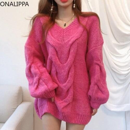 ONALIPPA Solid Color Long Sleeve Sweater 2021 Autumn Korean Chic Lazy Style V-neck Hemp Pattern Hollow Loose Slit Knit Pullover