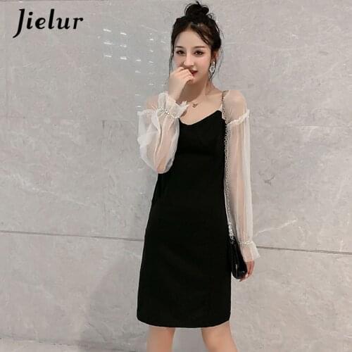 Jielur Dress Women Slim Long Sleeve Patchwork Mesh V-neck Slim Elegant Vestidos Autumn Mini Dresses Chic Summer Dress Black
