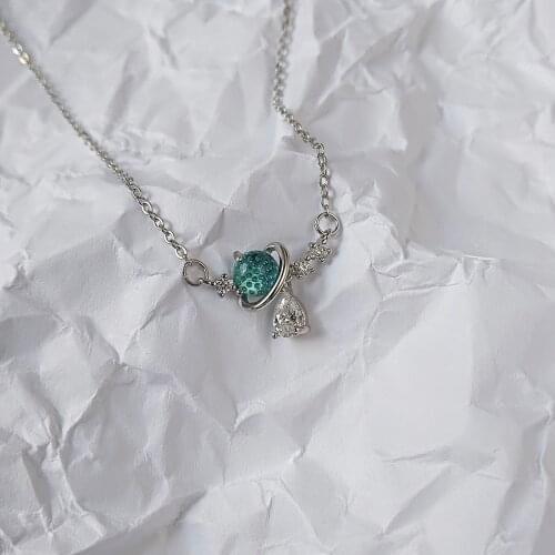 Simple Fantasy Starry Sky Fashion Pendant Blue Glaze Planet Necklace Fashion Personality Womens Clavicle Chain Long Necklaces