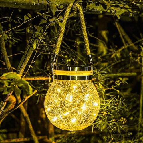 Cracked Glass Ball Lantern Solar Light Outdoor Garden Hanging Lamp Garden String Fairy Star Firefly Jar Lids Lamp Patio Decor