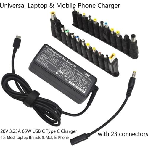 20V 3.25A 65W USB C Universal Laptop Phone Charger with 23 Connectors for Lenovo Thinkpad Asus Samsung HP Sony Toshiba Dell