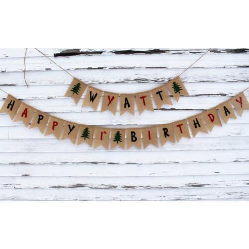 Custom name Lumberjack birthday burlap Banners Anniversary wedding Vow Renewal sign party Buntings garlands Photo Prop