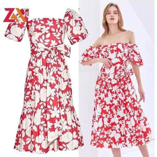 ZALady designer party evening sexy midi dresses for women summer floral printed slash neck short sleeve beach Bohemia dress robe