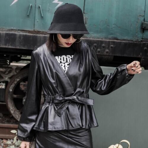 Belt Drawstring Slim Short Real Jacket Women Plus Size Casual Genuine Leather Lambskin Coat Female Long Sleeve Outwear