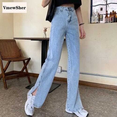 VmewSher New Casual Women Jeans Spring Autumn High Waist Long Split Hem Female Solid Slim Chic Denim Pants Elegant Trousers