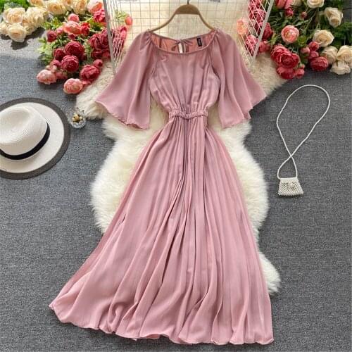 Women Chiffon Summer Dress Fashion Solid Pleated Female Robe Elegant High Waist Dresses Casual Beach Vestidos Woman Clothing