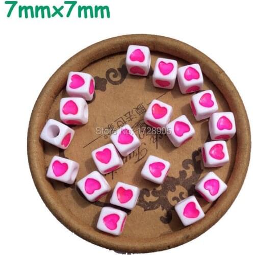 Free shipping 1900pcs Cube Acrylic Pink Heart Printed Alphabet /Letter Spacer Beads Acrylic Cube Beads 7mm