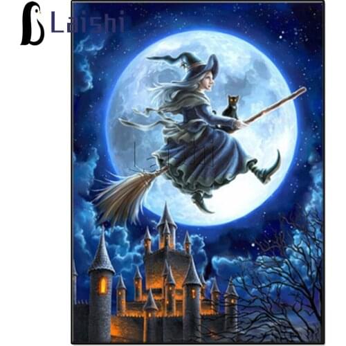 5D Diamond Painting Halloween A witch flying in the sky on a broomstick Full Square Drill Cartoon Pumpkin Rhinestone Home Decor