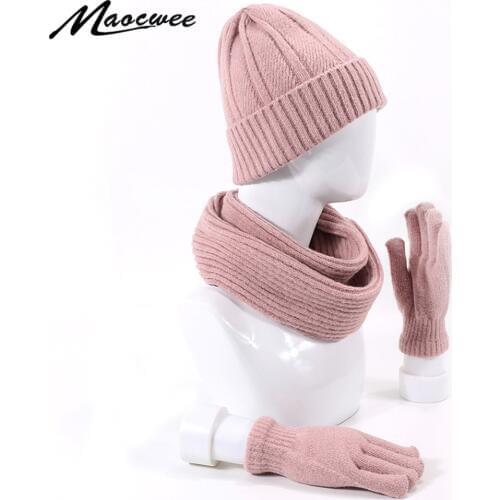 Beanie Hat Ring Scarves Full Finger Gloves Set For Women And Men Outdoor Soft Neck Balaclava Bonnet Beanie Hats Scarf Gloves Set
