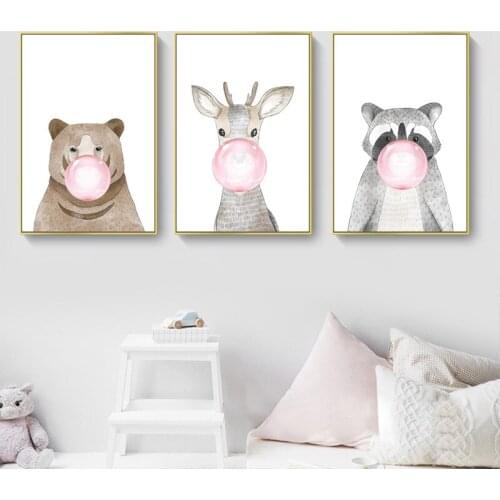 Decorative Painting Animal Bear Deer Blowing Balloon Nordic Animal Blowing Bubble Hanging Painting Wall Picture for Living Room