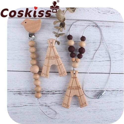 Coskiss Beech Wooden Eiffel Tower Teethers Eco-friendly Teething Necklace And Pacifier Holder No BPA Baby Shower Teeth Gift
