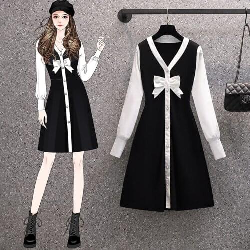 EHQAXIN 2021 Fall Winter Womens Knit Dresses Fashion Sweet V-Neck Bowknot Buttoned Shirt Stitching Cardigan A-Line Dress L-4XL