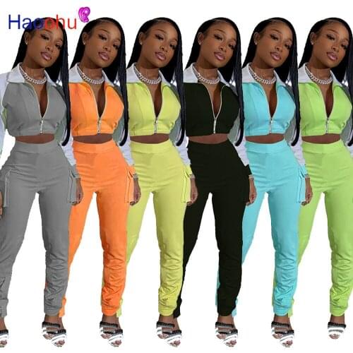 HAOOHU Sexy Reflective Two Piece Set Jumpsuit Long Sleeve Zip Crop Top+Pocket Stacked Leggings Fall Clothes for Women Tracksuit