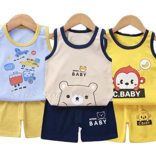 New Boys Cartoon Suit 9M-6T Girls Clothes Childrens Clothing Suits Top Cotton Pants Suit 2pcs Clothing Sets Kids Vest Outfits