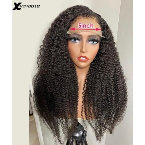 Kinky Curly Invisible Transparent Left Part Lace Closure Wigs Remy 5X5 Silk Base Lace Frontal Closure Wigs Melt Skin Pre Plucked