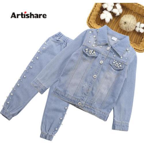 Kids Girls Clothes Set Pearl Decoration Jacket + Jeans 2PCS Girl Set Clothes Casual Style Children Clothing For Girls 6 8 10 12
