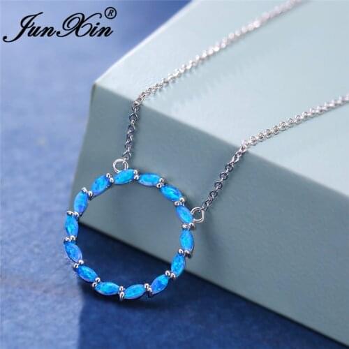 Mystic Blue White Fire Opal Necklace Round Circle Pendants For Women White Gold Luxury Bridal Engagement Wedding Choker Jewelry