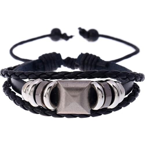 Fashion Punk Casual Black Leather Bracelet Vintage Alloy Beads Charm Adjustable Weave Bangle Wrap Wristbands Rock Hiphop Jewelry