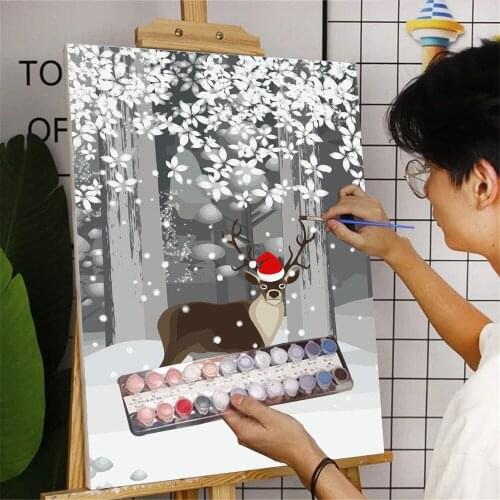 Modern Home Child Bedroom Christmas Elk Decoration Poster DIY Paint By Number Acrylic Paint Calligraphy Painting Brush Set
