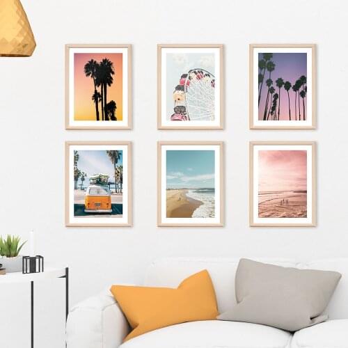 Bus Pink Sea Beach Palm Tree Landscape Wall Art Canvas Painting Nordic Posters And Prints Wall Pictures For Living Room Decor
