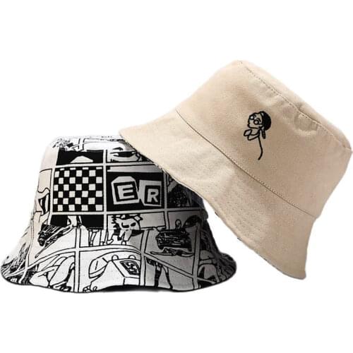 Double Side Cartoon Bucket Hat for Women Men Fashion Embroidery Hip Hop Panama Summer Cap Outdoor Sun bob Fisherman Hat