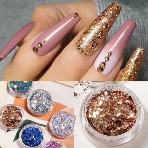 Holographics Mixed Shape Nail Glitter Powder Colorful Hexagon Sequins Laser Sparkly Flakes Slices Manicures Nail Art Decoration