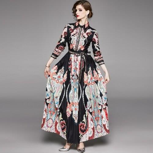 Court Style Lapel Long Sleeve Shirt Dress Long Pleated Print Fashion Dress Ankle-Length Regular Turn-down Collar Harajuku Dress