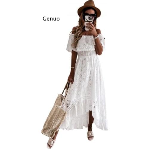 Bohemian Lace Lace White Beach Dress for Women 2021 Summer Chest One Word Shoulder Sexy Fashion with Short Sleeves Dresses