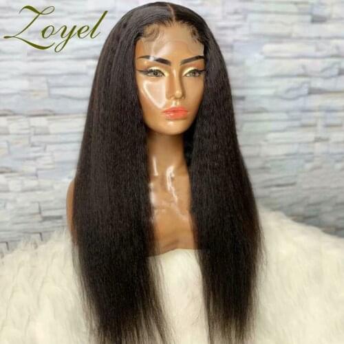 Jet Black Color Yaki Straight Lace Front Synthetic Wig Middle Ratio High Temperature Fiber Wigs For Black Women With Baby Hair
