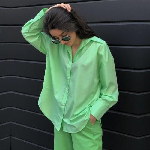 Ladies Spring Autumn Winter High Street Shirts Women Long Sleeve Lapel Collar Solid Green Blouse Shirt Women Tops Female Blusas