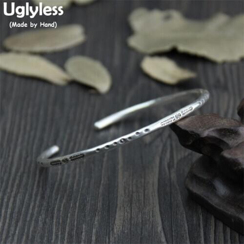 Uglyless Real S999 Silver Women Fine Jewelry Engraved Leaves Handmade Thin Bangles Adjustable Open Bangle Ethinc Vintage Bijoux