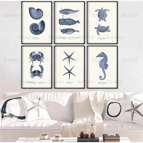 Vintage Poster Sea Animal Mediterranean Style Home Decor Wall Art Canvas Painting Decorative Pictures for Living Room Bedroom