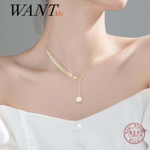 WANTME Cute Romantic Wheat Ear Leaf Pearl Clavicle Charms Pendant Necklace for Women Genuine 925 Sterling Silver Wedding Jewelry