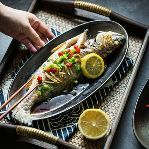 Japanese creative retro ceramic tableware large kiln glazed frosted oval plate steamed fish dish dish household large size