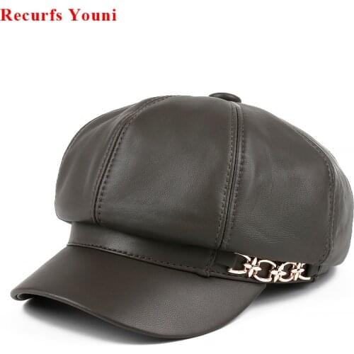 Japanese Harajuku Women Winter Octagonal Hat Female British Retro Genuine Leather Beret Caps Mujer Flowers Golden Chain Beanies