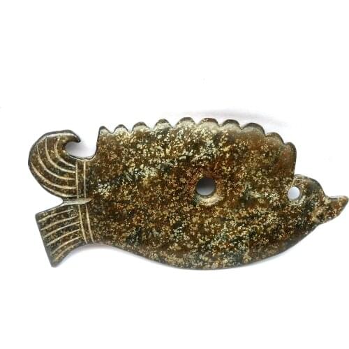 YIZHU CULTUER ART Collection Old Chinese Hongshan Culture Black Magnet Jade Carving Fish Pendant
