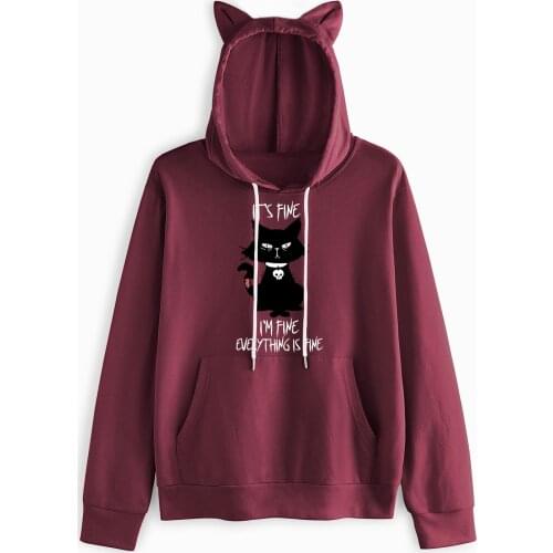 2021 Spring Autumn Women Hoodies Kawaii Cat Ears Fashion Kangaroo Pocket Hoody Casual WIne Red Sweatshirt Hoodies for Women