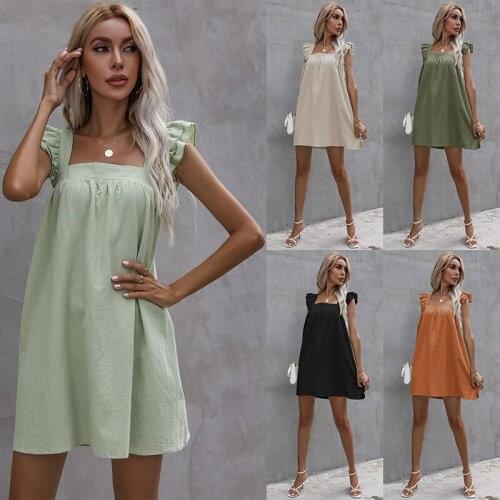 Donsignet 2021 Summer New Solid Ruffles Sleeveless Spaghetti Strap Mini Dresses Women Fashion Casual Square Collar Woman Dress