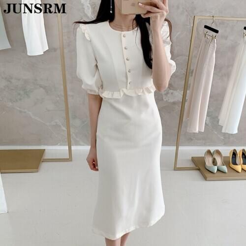 Elegant Spring Temperament White Long Dress Women Fashion Summer Button Ruffles Office Lady Vestidos A Line Robe Female 2020 New