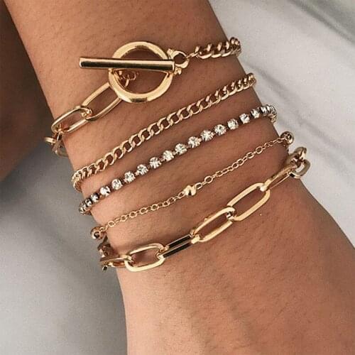5Pcs/Set Bohemian Gold Crystal Thick Chains Bracelet for Girls Punk Jewelry Trendy Lady Charms Womens OT Buckle Bracelet