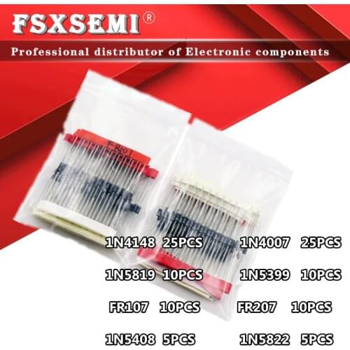 8values=100pcs 1N4148 1N4007 1N5819 1N5399 1N5408 1N5822 FR107 FR207 Electronic Components Package Diode Assorted Kit