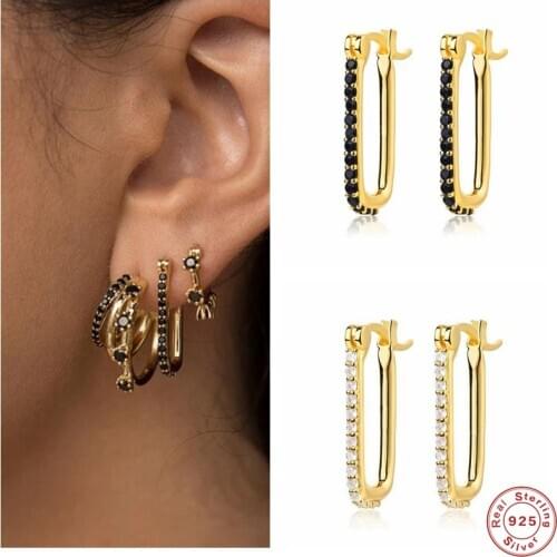 BOAKO 925 Sterling Silver Crystal Circle Round Hoop Earrings for Women Luxury CZ Rectangle Piercing Earrings Punk Rock Jewelry