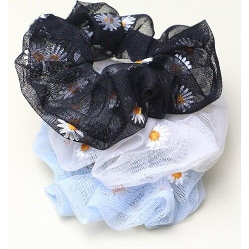 Black White Blue Hair Ring Summer Daisy Floral Thin Mesh Embroidery Scrunchies Hair Tie Rubber Band Hair Rope Ponytail Holder