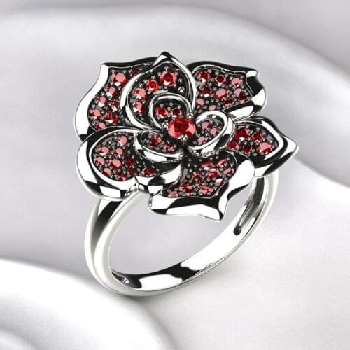Elegant Red Rose Flower Ruby Wedding Rings for Women Luxury Silver Garnet Engagement Bridal Ring Trendy Jewelry